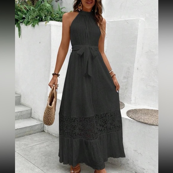 Black Contrast Guipure Sheer Mesh Lace Layered Hem Belted Halter Dress - Picture 3 of 10